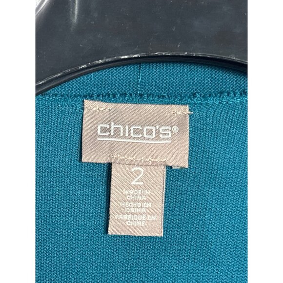 Chicos Teal Open Front Cardigan With Fringe Size 2 (US L) Acrylic Blend - Picture 3 of 4
